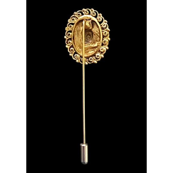 Vintage Gold Tone Filigree Stick Hat Lapel Pin w/ Red Faux Gemstone & Pearls - Picture 2 of 4